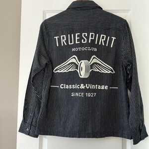 Massive Premium Quality Goods, NYC Navy Blue Striped Shirt w Moto Club Graphics